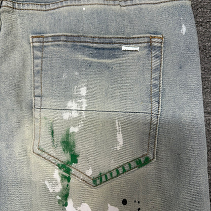 AMIRI Painter Staggered Logo Skinny Jeans Bleach Indigo