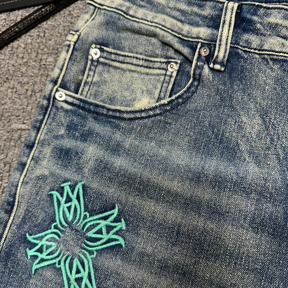 AMIRI Multicolor MA Quad Appliqué Distressed Jeans