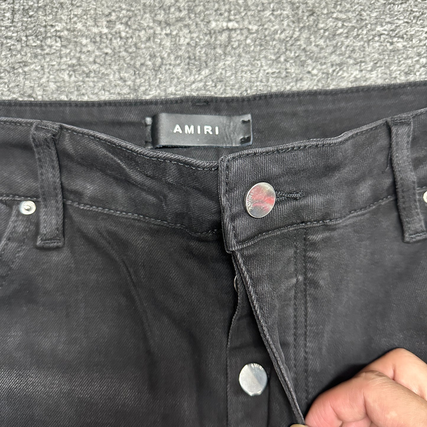 AMIRI Staggered Logo Distressed Skinny Jeans Washed Black