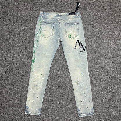 AMIRI Painter Staggered Logo Skinny Jeans Light Indigo
