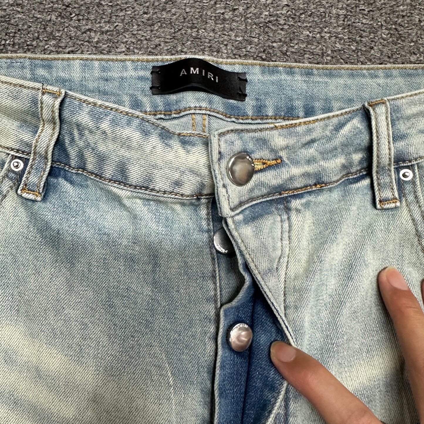 AMIRI Staggered Logo Distressed Skinny Jeans Antique Indigo