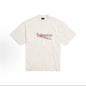 Light pink crew neck short‑sleeve tee front view, featuring BALENCIAGA red‑white wave logo graphic