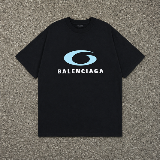 Black Balenciaga tee with light blue swirl logo