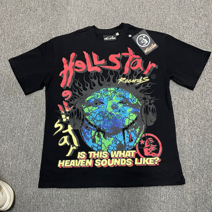 Hellstar Records Is This What Heaven Sounds Like T-Shirt in black front view with oversized Earth and headphones graphic