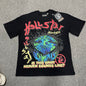 Hellstar Records Is This What Heaven Sounds Like T-Shirt in black front view with oversized Earth and headphones graphic