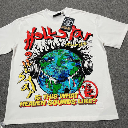 Hellstar Records Is This What Heaven Sounds Like T-Shirt in white front view with oversized Earth and headphones graphic
