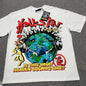 Hellstar Records Is This What Heaven Sounds Like T-Shirt in white front view with oversized Earth and headphones graphic