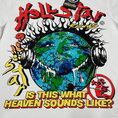 Full oversized Earth and headphones graphic print on the Hellstar Records Heaven Sounds Like T-Shirt
Close-up of the multicolor Earth and headphones graphic on the Hellstar Records T-Shirt
Detailed view of the cracked Earth texture, flame graphics and Hellstar Records lettering print