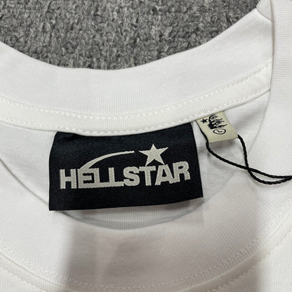 Hellstar branded neck label and crew-neck stitching detail on the graphic T-shirt