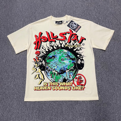 Hellstar Records Is This What Heaven Sounds Like T-Shirt in cream front view with oversized Earth and headphones graphic