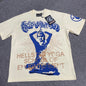 Hellstar Yoga School of Enlightenment T-Shirt in cream front view with oversized blue yoga graphic