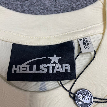 Hellstar branded neck label and crew-neck stitching detail on the Yoga School of Enlightenment T-Shirt