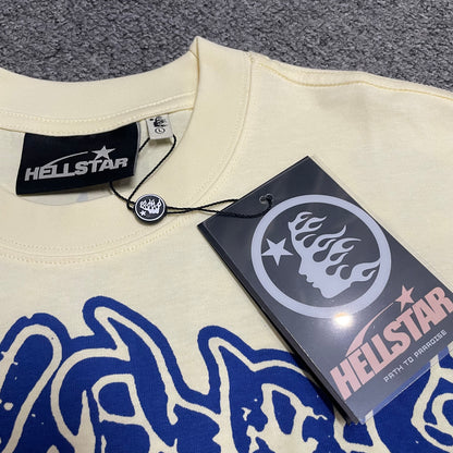 Hellstar Yoga T-shirt wash label showing size, fabric composition and garment care information
Hellstar branded hangtag attached to the Yoga School of Enlightenment cream graphic T-shirt