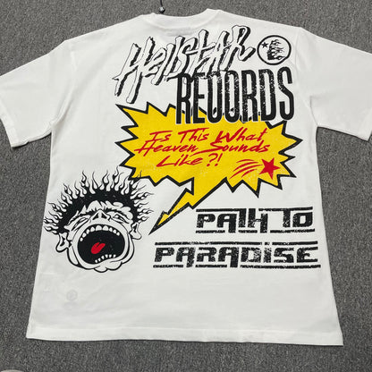 Full Hellstar Records Hollywood graphic print on the Path to Paradise T-Shirt
Close-up of the distressed Hellstar Records and Hollywood lettering print
Detailed view of the distressed red black and white print texture on the Hellstar T-Shirt
Oversized screaming-face side graphic with flame details on the Hellstar Path to Paradise T-Shirt
Close-up of the flame and open-mouth side artwork on the Hellstar graphic T-shirt
Full back graphic artwork on the Hellstar Path to Paradise Records T-Shirt