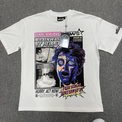 Hellstar Breaking News T-Shirt in white front view with oversized comic-style brainwashed face graphic