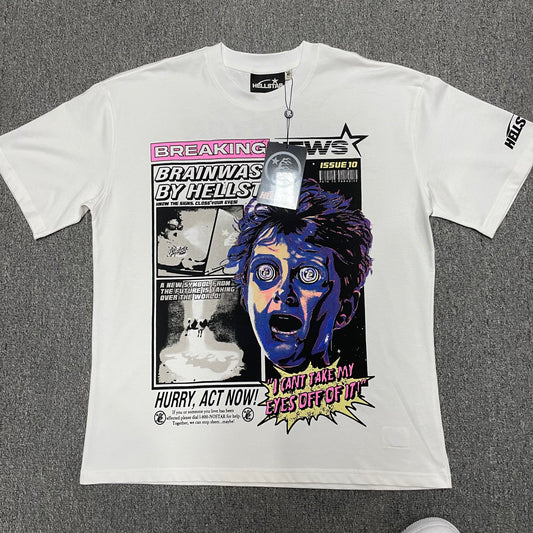 Hellstar Breaking News T-Shirt in white front view with oversized comic-style brainwashed face graphic
