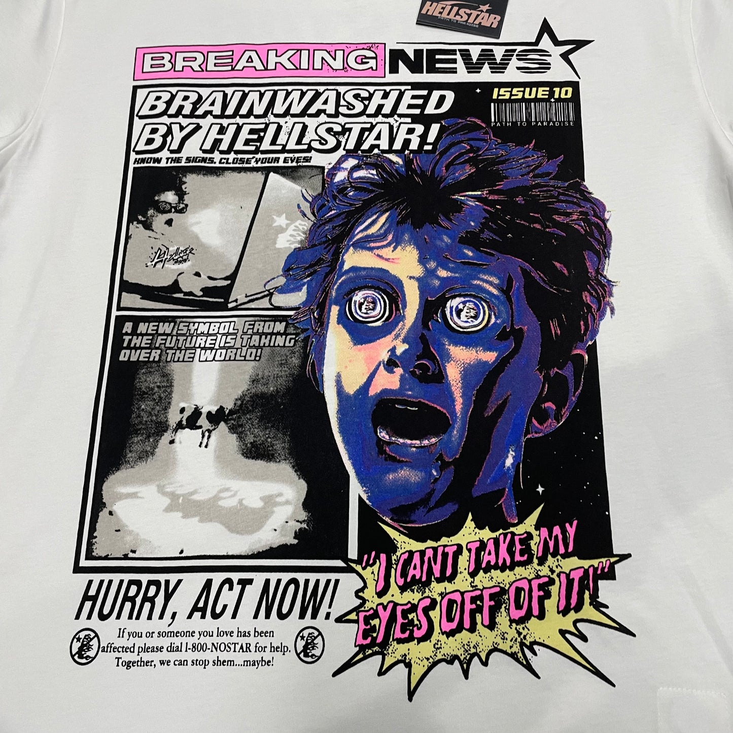 Full Breaking News comic graphic on the front of the white Hellstar T-Shirt
Close-up of the Brainwash by Hellstar newspaper-style graphic print
Close-up of the blue and purple brainwashed face artwork on the Hellstar Breaking News T-Shirt
Detailed view of the layered multicolor print texture on the Hellstar Breaking News graphic T-shirt
Breaking News headline and Brainwash by Hellstar lettering detail on the white graphic T-shirt
I cannot take my eyes off of it comic text graphic detail on the Hellstar T-Sh