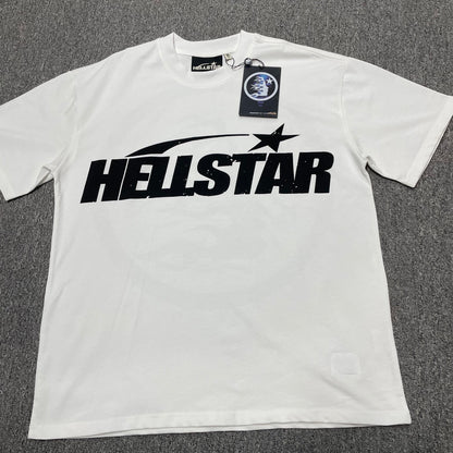 Hellstar Sports Logo T-Shirt in white front view with oversized black wordmark and shooting-star graphic