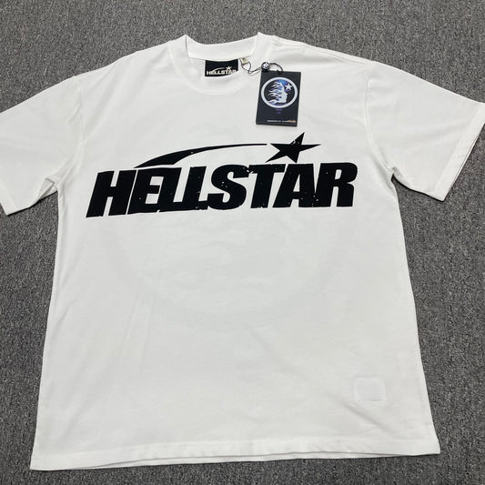Hellstar Sports Logo T-Shirt in white front view with oversized black wordmark and shooting-star graphic