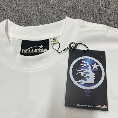 Hellstar branded neck label and crew-neck stitching detail on the white Sports Logo T-Shirt
Size label detail inside the white Hellstar Sports Logo graphic T-shirt
Hellstar branded hangtag attached to the white Sports Logo graphic T-shirt