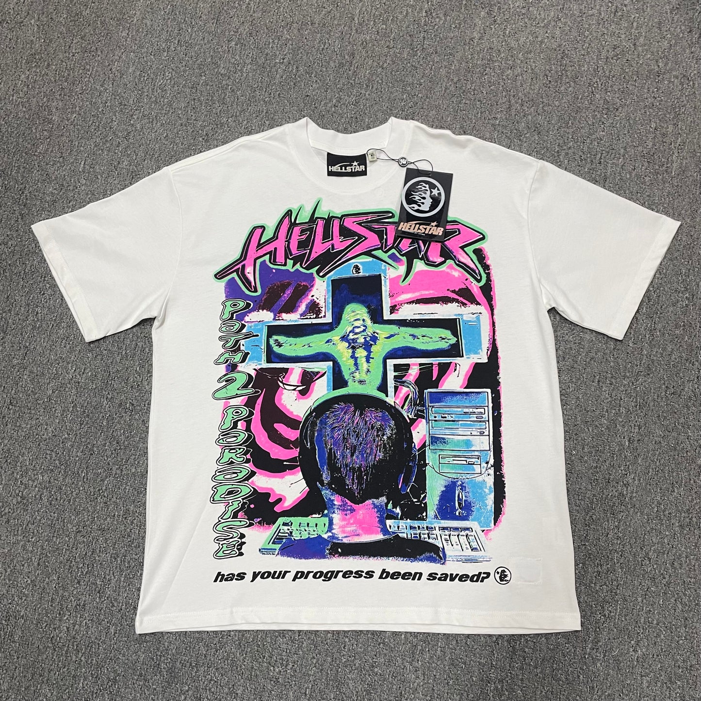 Hellstar Online T-Shirt in white front view with colorful Y2K cyber cross and computer graphic