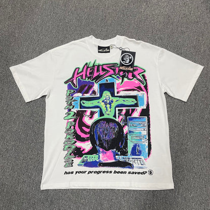 Hellstar Online T-Shirt in white front view with colorful Y2K cyber cross and computer graphic