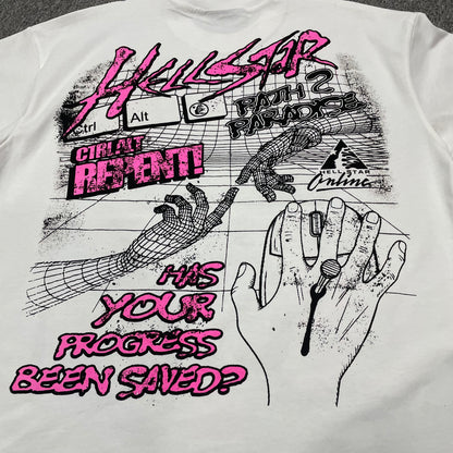 Full back screen print on the white Hellstar Online graphic T-shirt
Close-up of the rear artwork on the Hellstar Online T-Shirt in white
Detailed view of the rear graphic print texture on the Hellstar Online T-Shirt