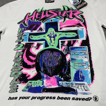 Full multicolor cyber graphic on the front of the white Hellstar Online T-Shirt
Cyber cross graphic detail on the Hellstar Online Has Your Progress Been Saved T-Shirt
Path 2 Paradise vertical lettering detail on the Hellstar Online T-Shirt
Has Your Progress Been Saved slogan detail on the white Hellstar Online T-Shirt