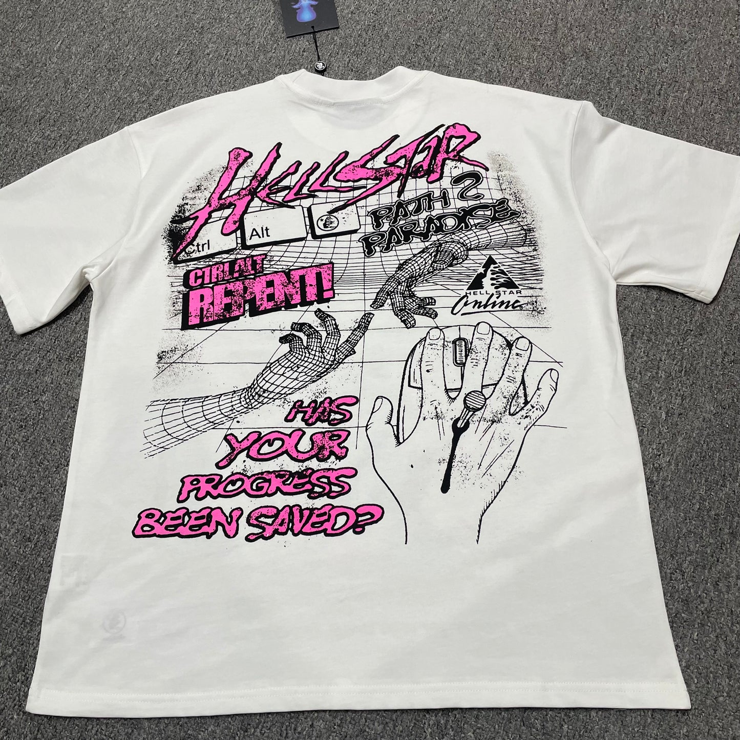 Hellstar Online white T-shirt back view showing the complete rear graphic artwork