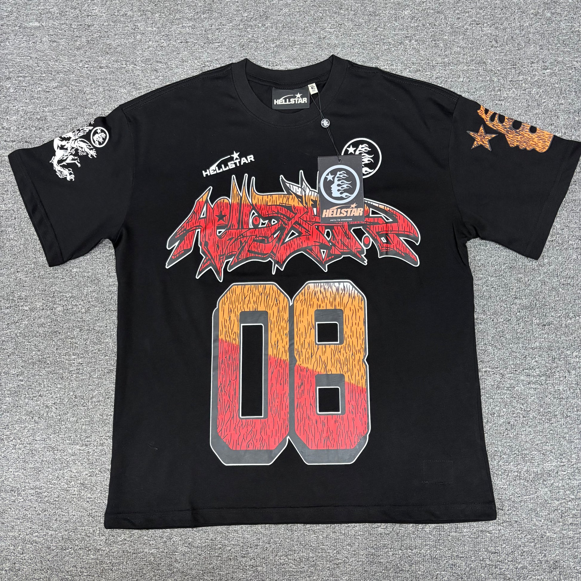 Hellstar 08 Path to Paradise T-Shirt in Black and Red front view with oversized gradient number graphic