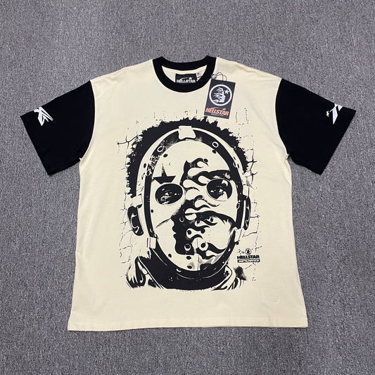 Hellstar Helmet Tee in Cream and Black front view with oversized helmeted face graphic