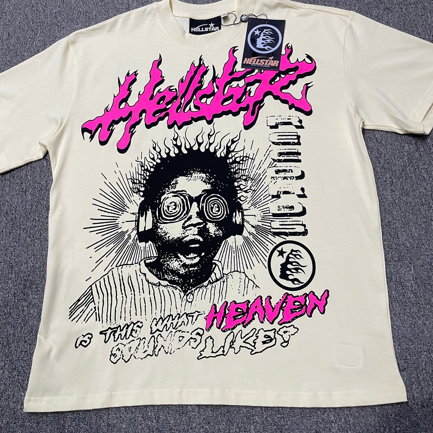 Hellstar Helmet Tee in Cream and Black back view with full rear graphic artwork