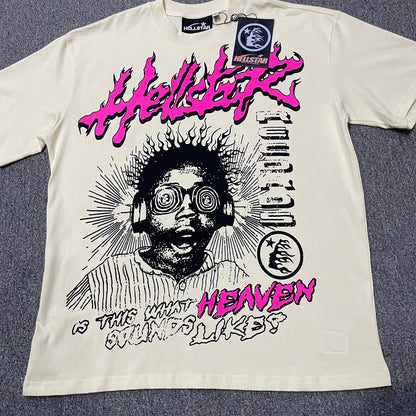 Hellstar Helmet Tee in Cream and Black back view with full rear graphic artwork