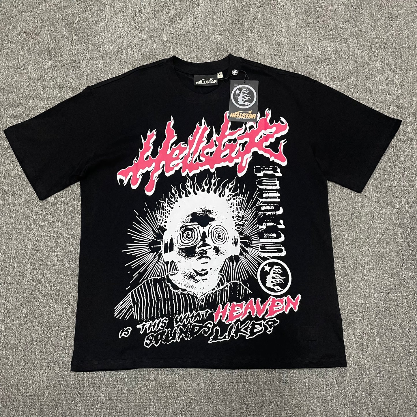 Hellstar Helmet Tee in Cream and Black front view with oversized helmeted face graphic