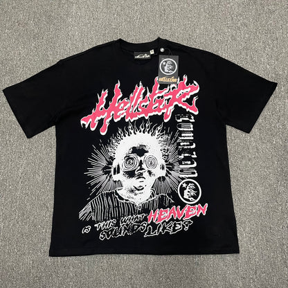 Hellstar Helmet Tee in Cream and Black front view with oversized helmeted face graphic