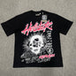 Hellstar Helmet Tee in Cream and Black front view with oversized helmeted face graphic