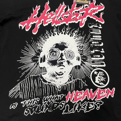 Full oversized helmet face graphic on the front of the Hellstar Helmet Tee
Close-up of the black helmeted face artwork on the Cream Hellstar graphic T-shirt
Detailed view of the distorted face and helmet illustration on the Hellstar Helmet Tee
Close-up of the distressed black graphic print texture on the Hellstar Helmet T-Shirt
Hellstar Sports logo detail beside the oversized helmet graphic on the Cream T-shirt