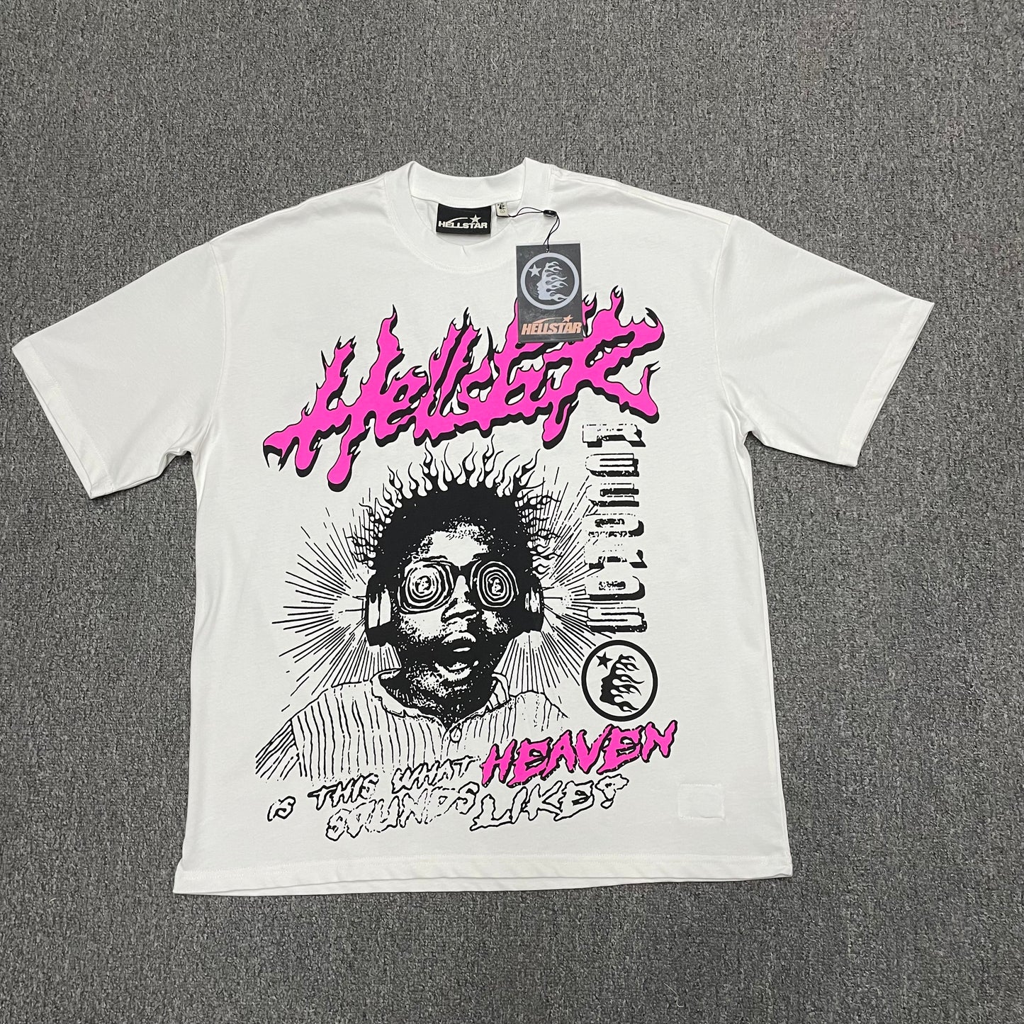 Hellstar Helmet Tee in Cream and Black front view with oversized helmeted face graphic