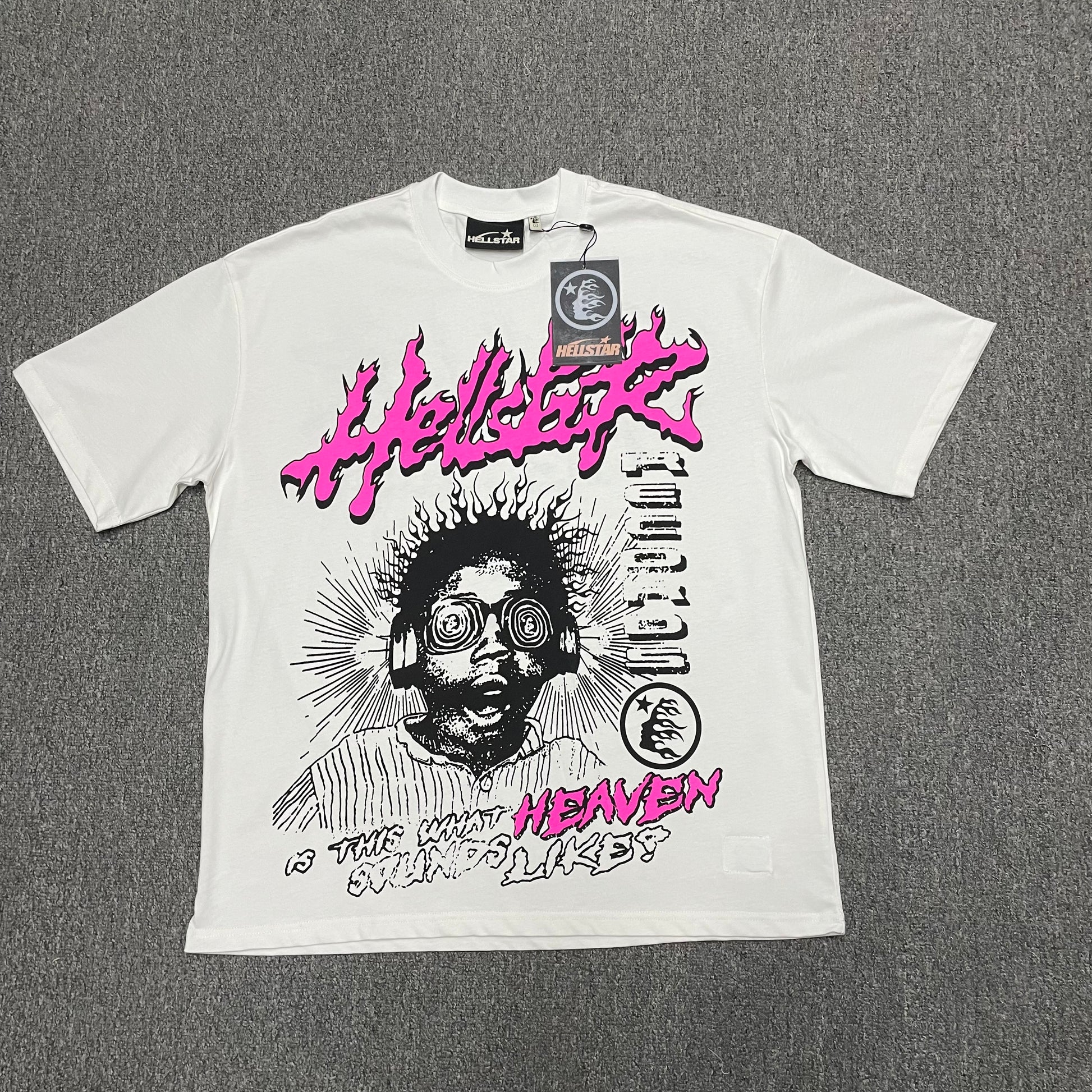 Hellstar Helmet Tee in Cream and Black front view with oversized helmeted face graphic