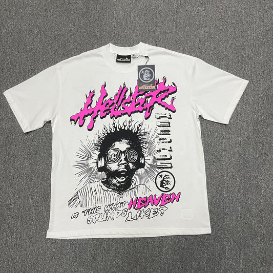 Hellstar Helmet Tee in Cream and Black front view with oversized helmeted face graphic