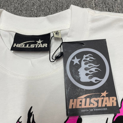 Hellstar branded neck label and contrast crew-neck stitching on the Helmet Tee
Size label detail inside the Cream and Black Hellstar Helmet T-Shirt
Hellstar branded hangtag attached to the Cream Helmet graphic T-shirt