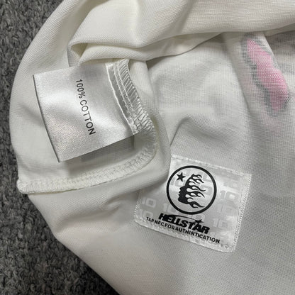 NFC tag detail on the Hellstar Helmet Tee for wholesale product inspection
Hellstar Helmet Tee wash label showing size fabric and garment care information