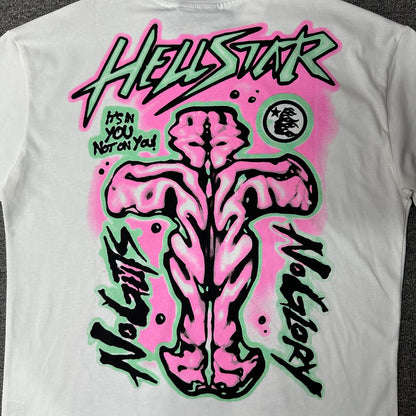 Full back graphic print on the Hellstar No Guts No Glory White and Pink T-Shirt
Close-up of the rear graphic artwork on the Hellstar No Guts No Glory T-Shirt
Detailed view of the rear screen print texture on the Hellstar graphic T-shirt