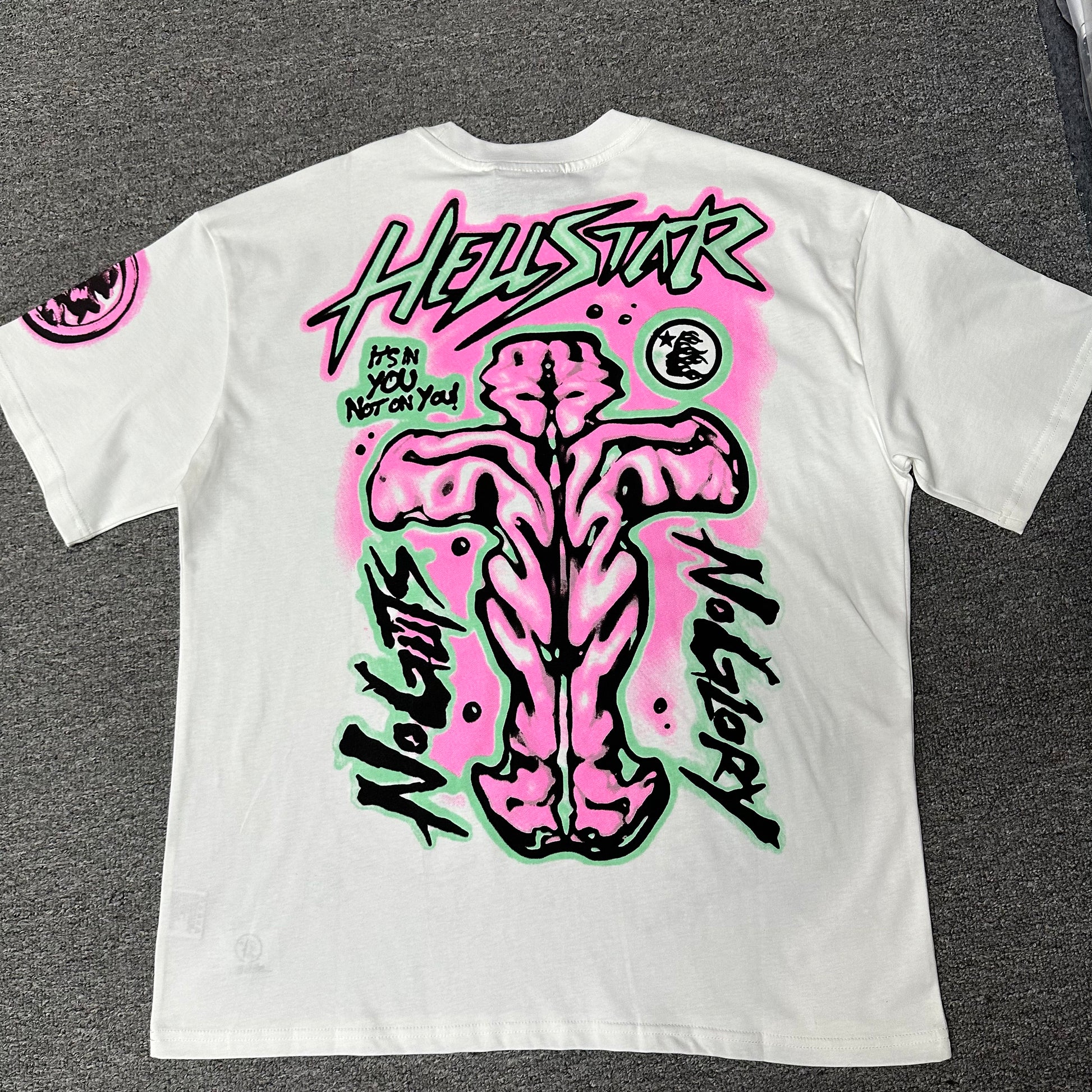 Hellstar No Guts No Glory White and Pink T-Shirt back view with full rear graphic artwork