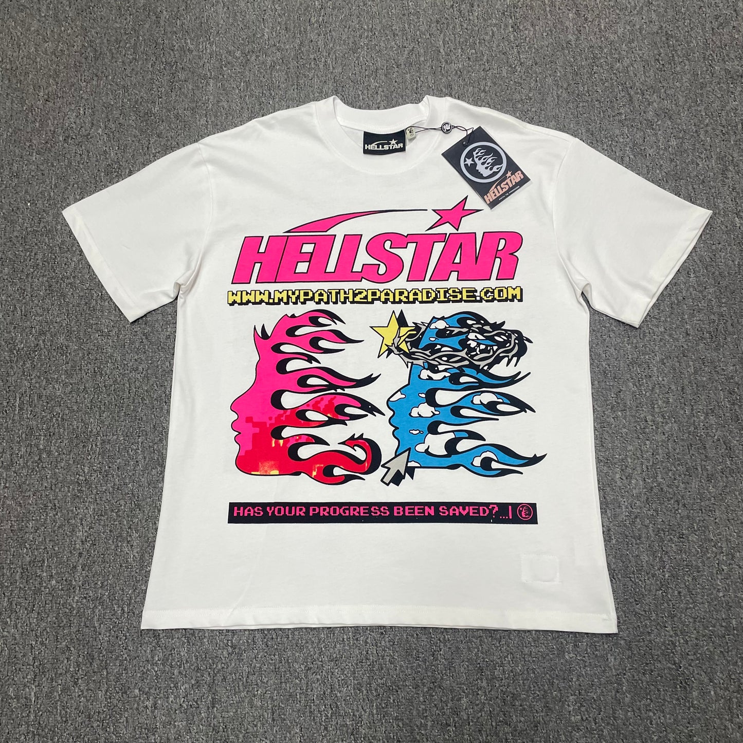Hellstar Pixel T-Shirt in white front view with pink and blue flame-face graphics