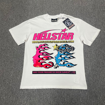 Hellstar Pixel T-Shirt in white front view with pink and blue flame-face graphics