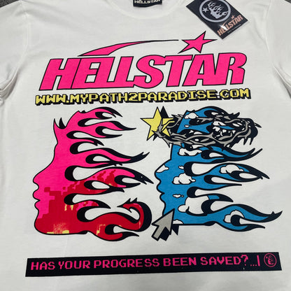 Full pink and blue Pixel graphic on the front of the white Hellstar T-Shirt
Pink pixel-style Hellstar logo with shooting-star graphic on the white T-shirt
Pink flame-face profile graphic on the Hellstar Pixel T-Shirt
Blue flame-face profile graphic with illustrated details on the Hellstar Pixel T-Shirt
Pink and blue facing profiles with flame artwork on the Hellstar Pixel graphic T-shirt