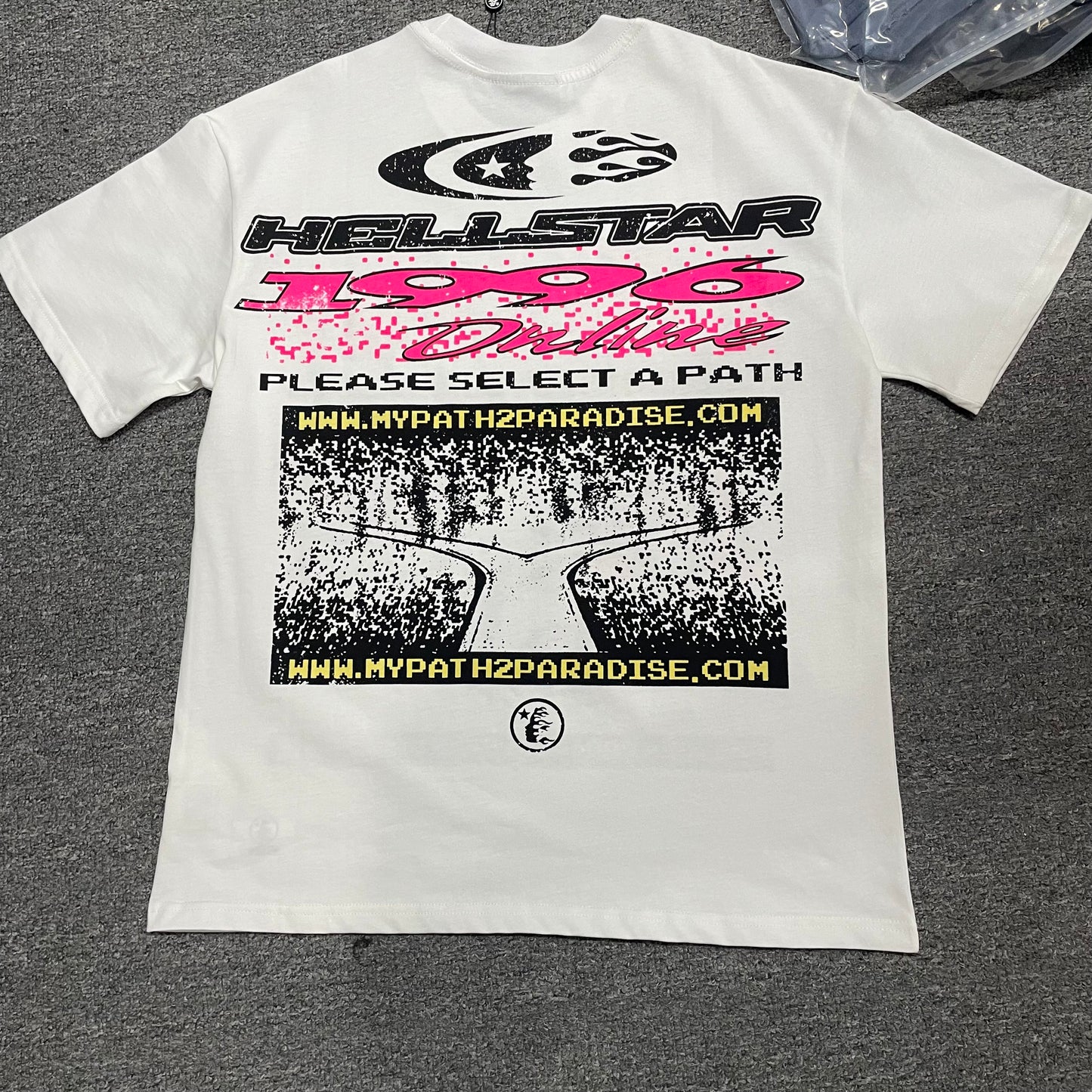Hellstar Pixel white T-shirt back view with Path to Paradise graphic artwork