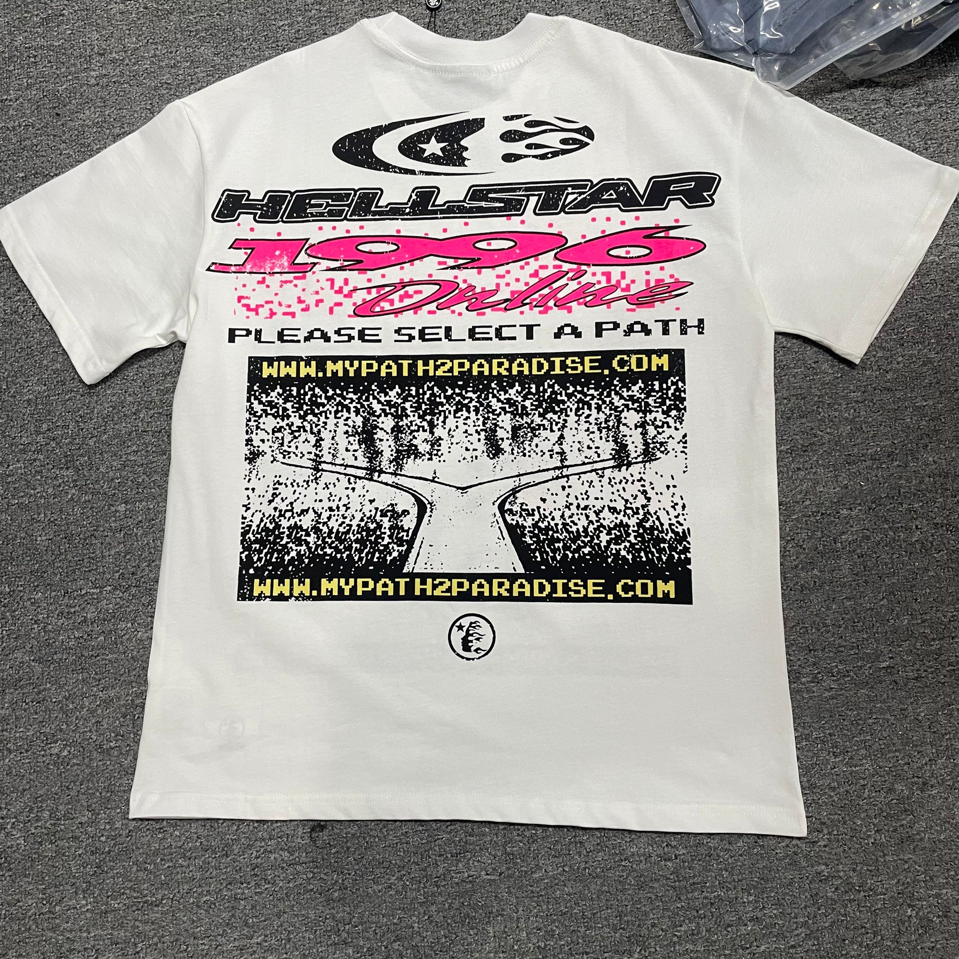Hellstar Pixel white T-shirt back view with Path to Paradise graphic artwork