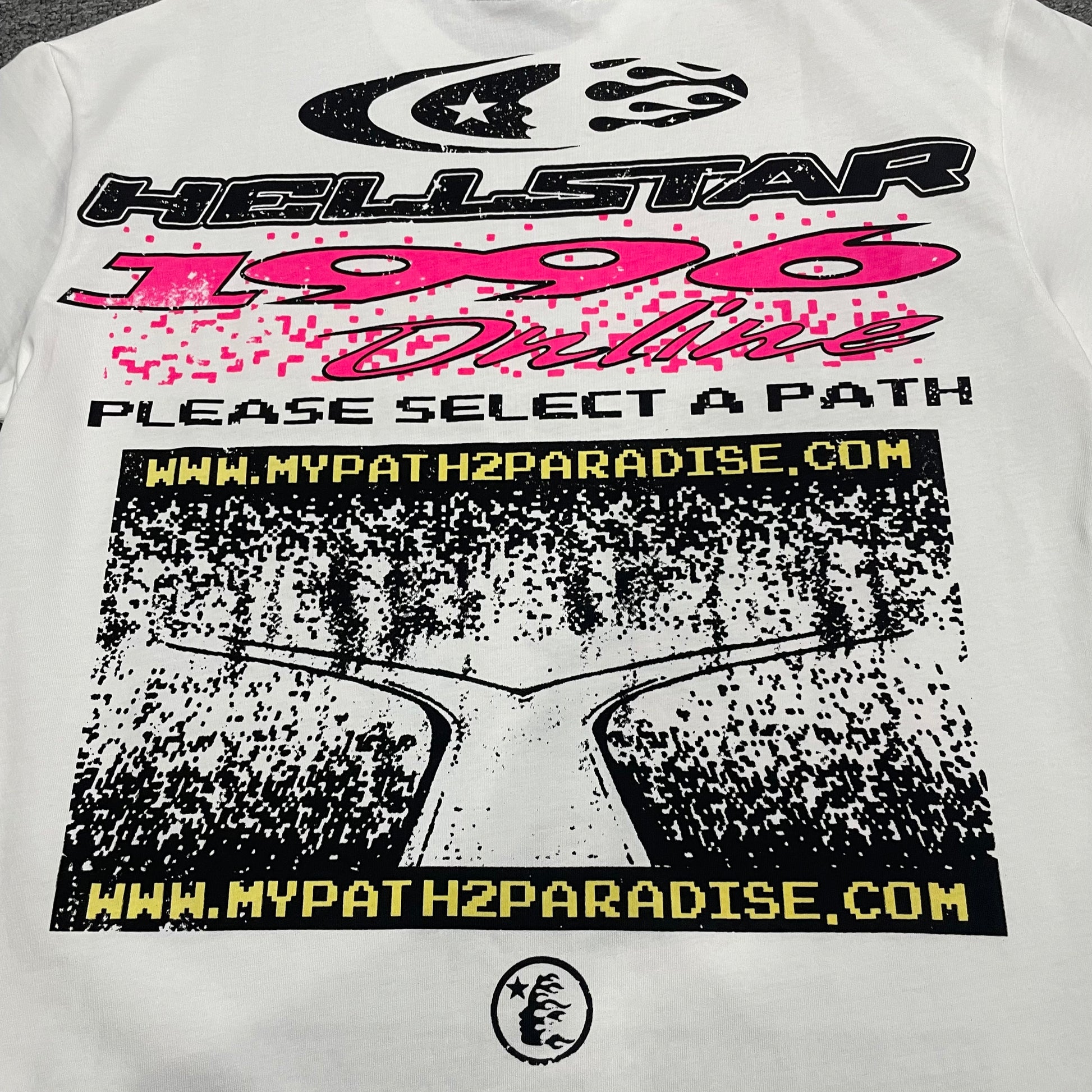 Full Path to Paradise graphic printed on the back of the Hellstar Pixel T-Shirt
Close-up of the Please Select a Path rear artwork on the Hellstar Pixel T-Shirt
Detailed view of the rear pixel lettering and graphic print texture
